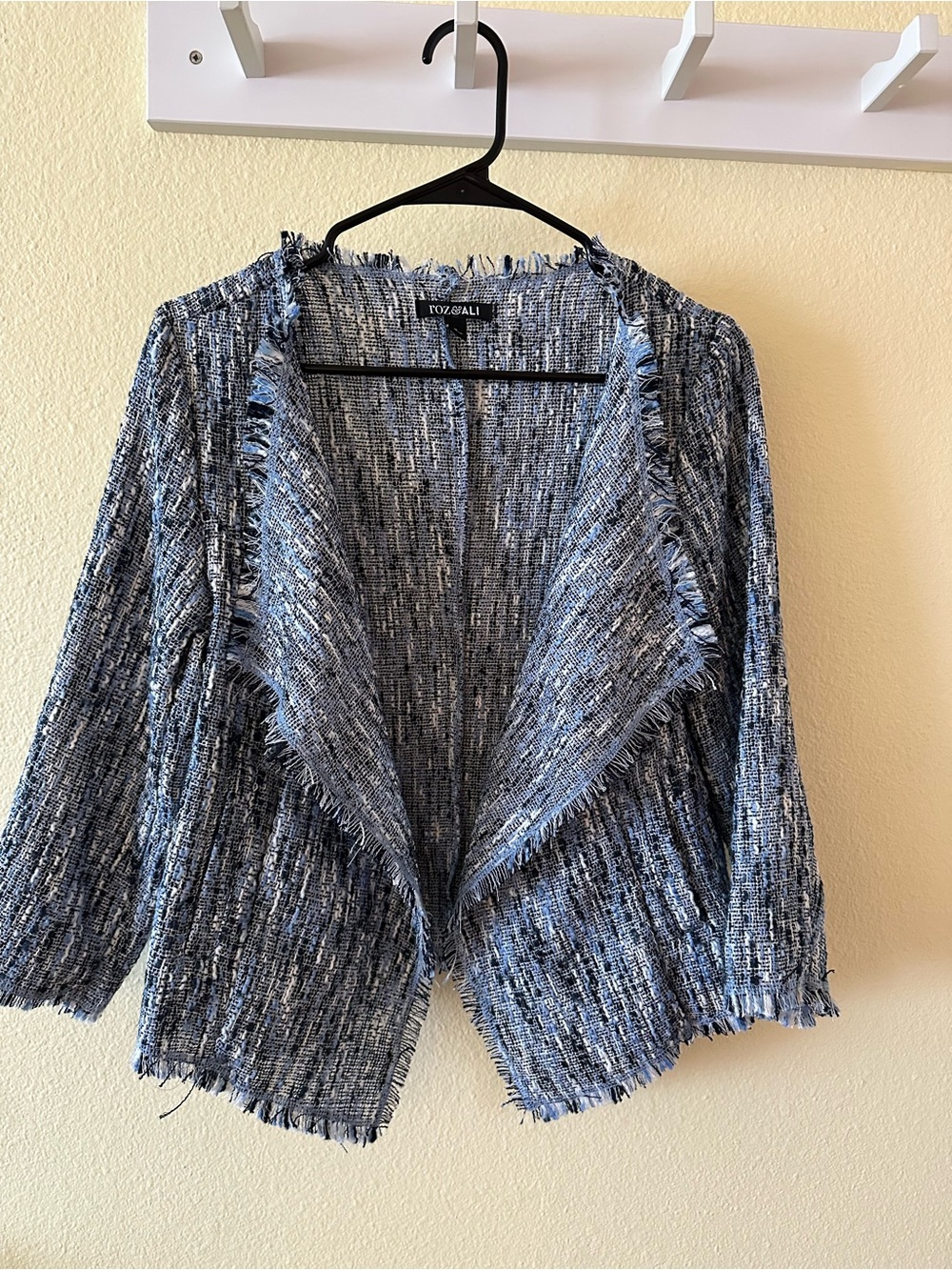 Roz & Ali Blue Tweed Open-Front Cardigan with Fringe Trim